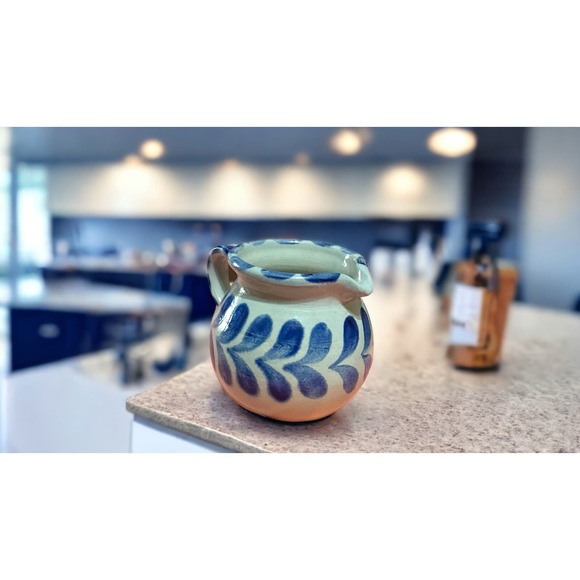 German salt glaze cobalt blue pitcher vase creamer vintage pottery handmade - Picture 2 of 7